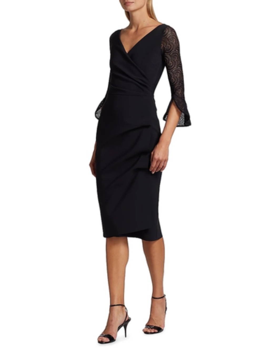 Chiara Boni Triana Dress Black Lace Bell Sleeve IT 52 US 14 Wrap Midi Italy